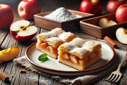 Tányéron egy hagyományos almás pite porcukorral