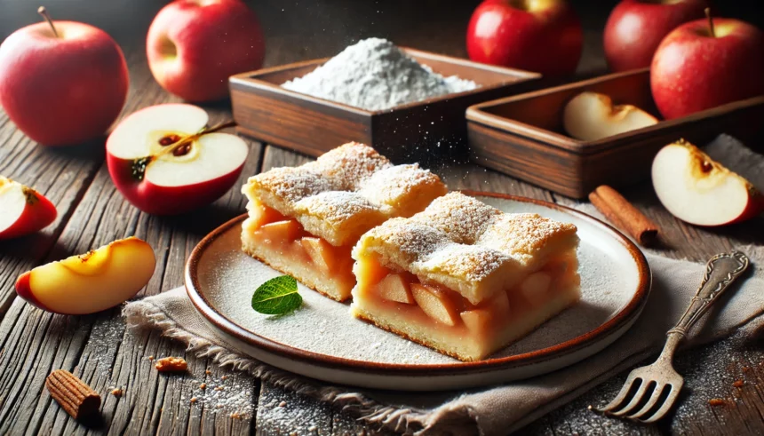 Tányéron egy hagyományos almás pite porcukorral